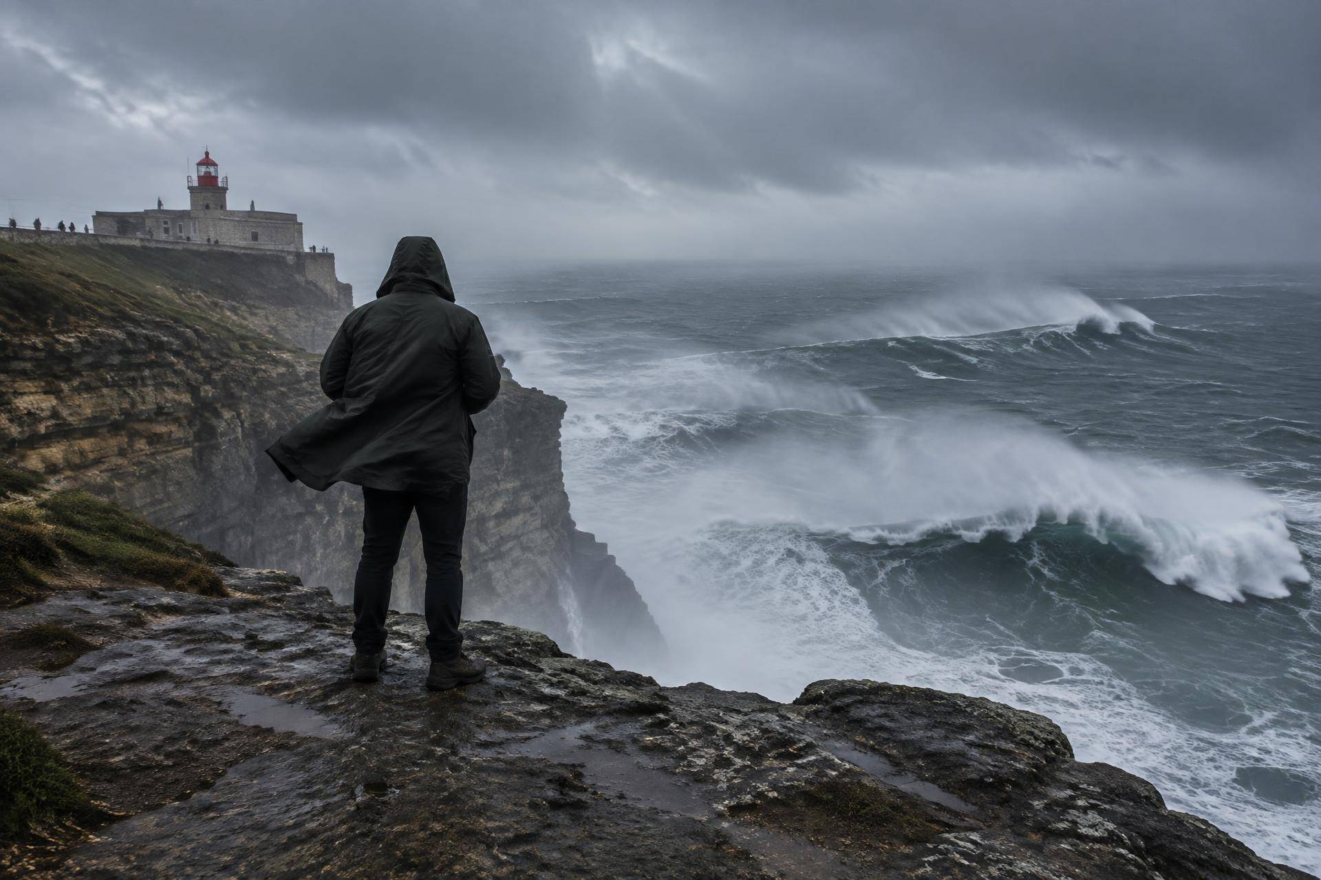 Overcast, windy winter day on the Nazaré clifftop near the lighthouse