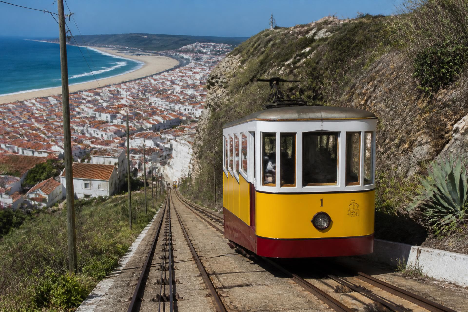 The Nazaré funicular climbing the cliff between the beach and Sítio