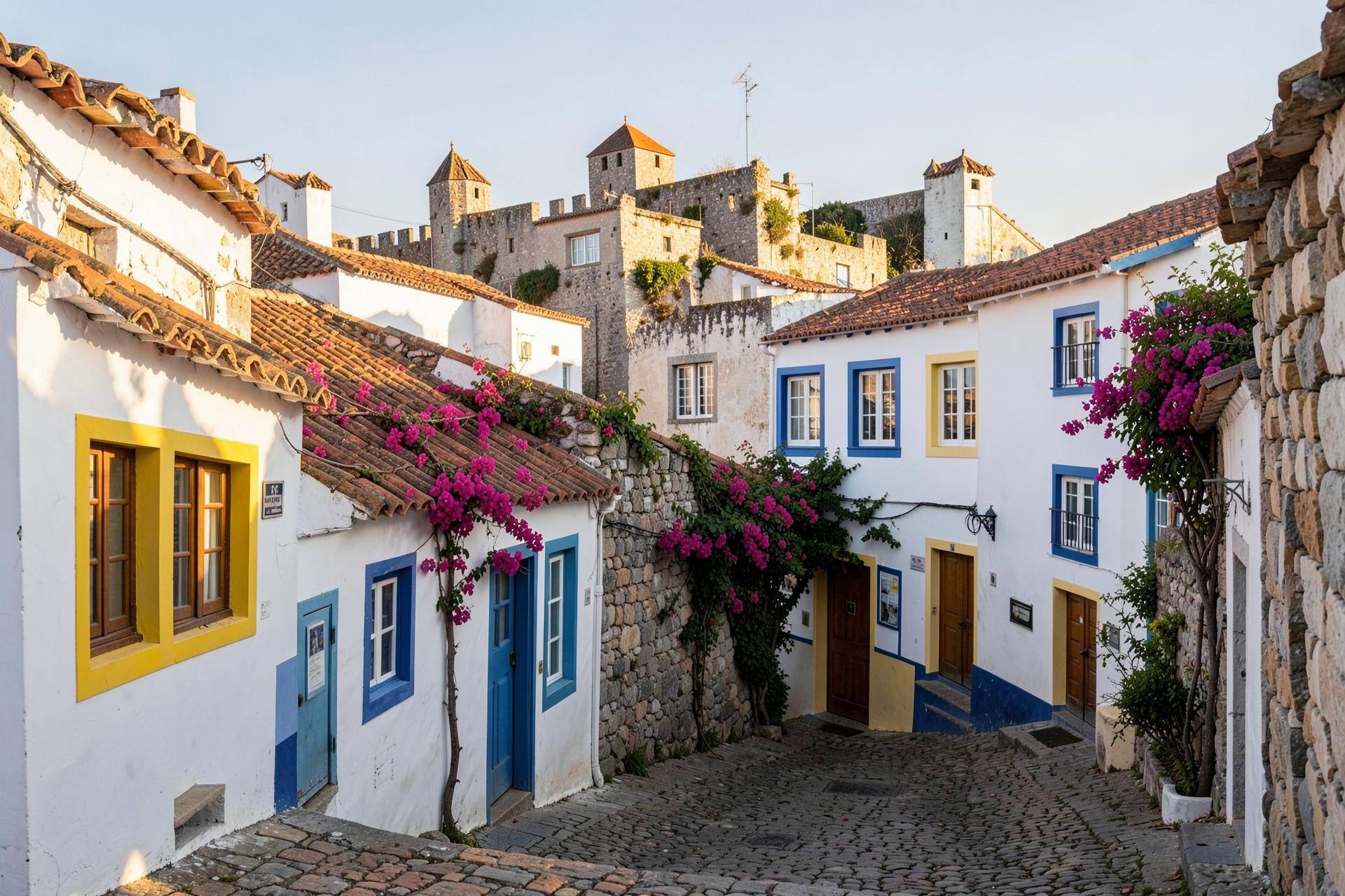 Casas caiadas de branco e muralhas do castelo na vila medieval de Óbidos
