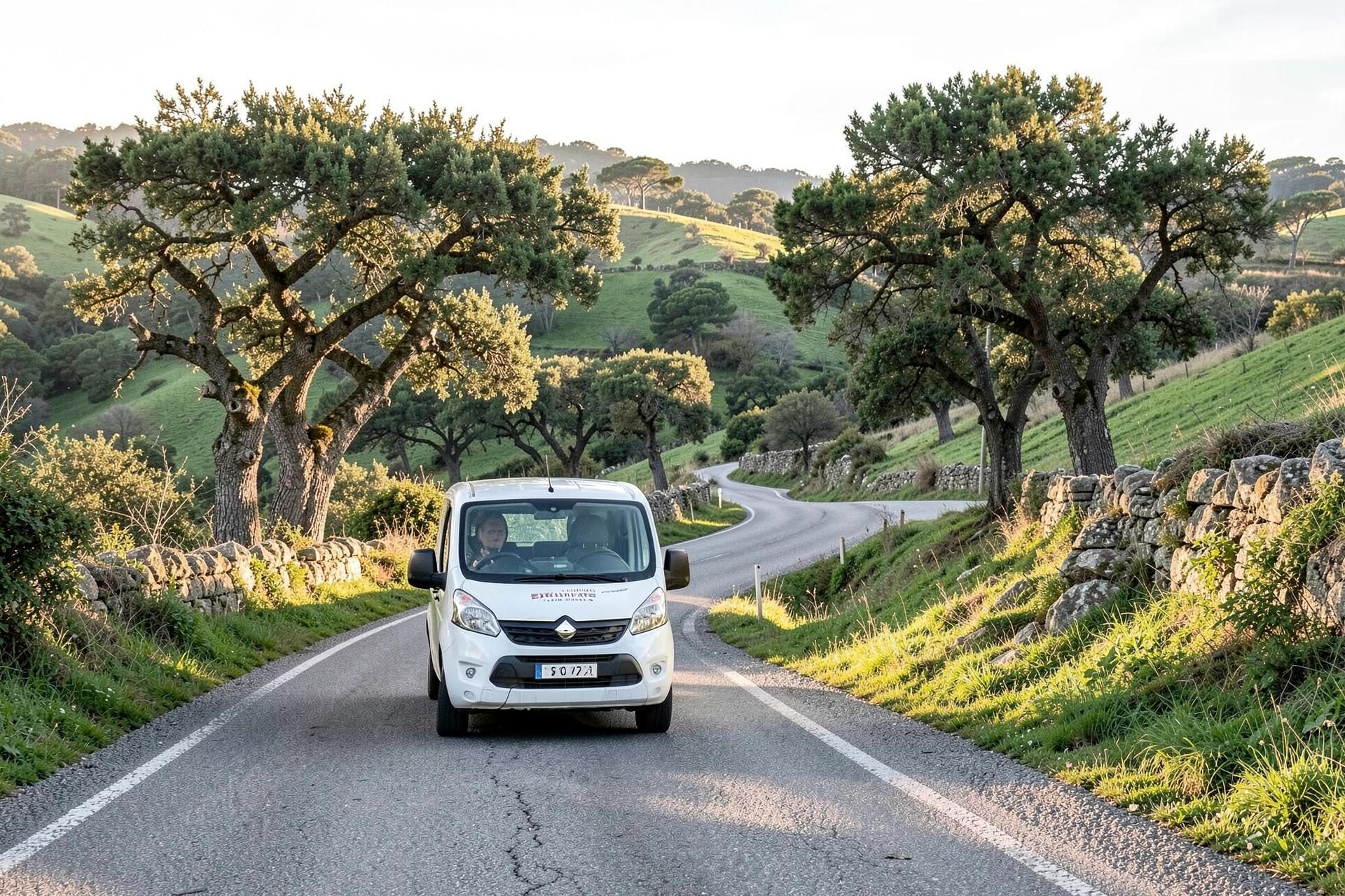 Uma pequena carrinha de turismo numa estrada rural portuguesa sinuosa
